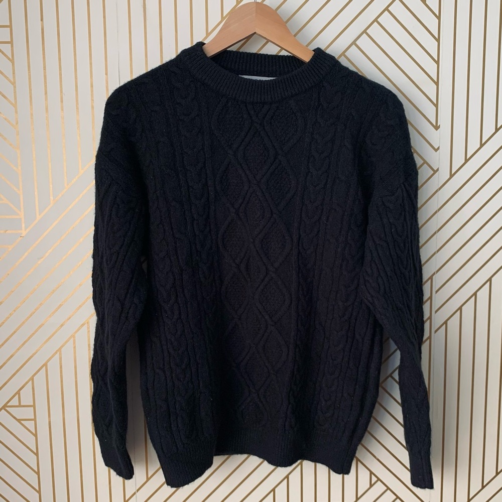 Aelfric Eden Retro 90s Cable Knit Fisherman Sweater ribbed hems black Small S - Picture 11 of 11